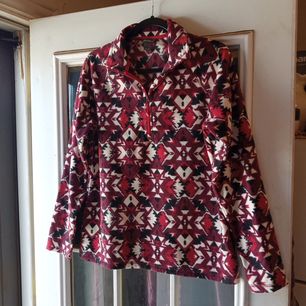 Eddie Bauer Red and Black Patterned Fleece Pullover Women's Size Medium